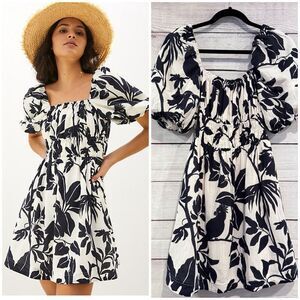 Maeve Anthropologie Feliciana Puff Sleeve Dress White Black Size XS Mini Floral